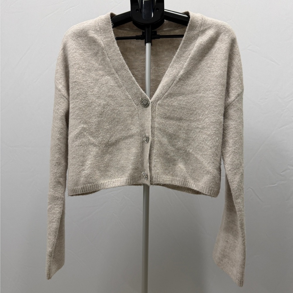 DYNAMITE Beige Cropped V-Neck Button‎ Front Cardigan TG/XL Cozy Chic